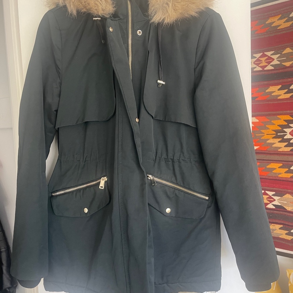 Very dark green fur hooded parka size M